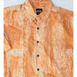 Harley Davidson Shirt Mens Orange Hawaiian Botton Up Motorcycles Sz L